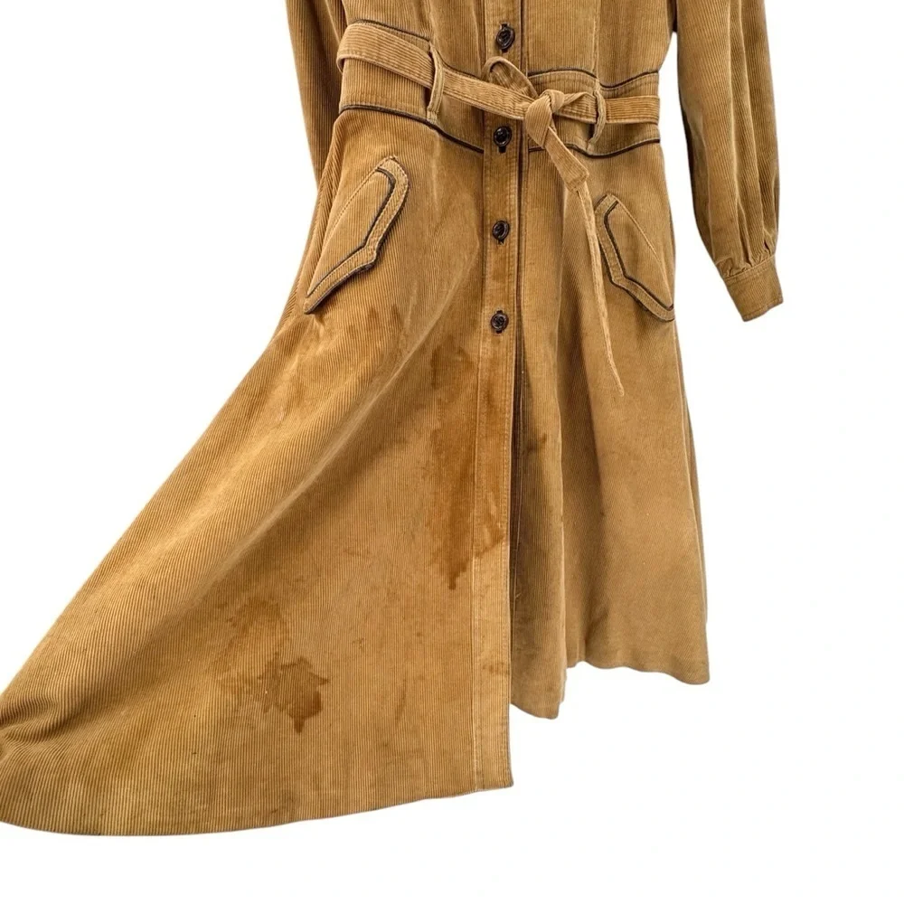 Vintage 70s Women's Trench Coat Corduroy Leather Trim Belted Brown Swing Skirt M - Picture 6 of 15